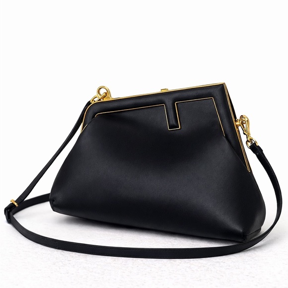 Black Designer-Inspired Crossbody Handbag | Gold Frame Clutch Purse - Picture 5 of 6